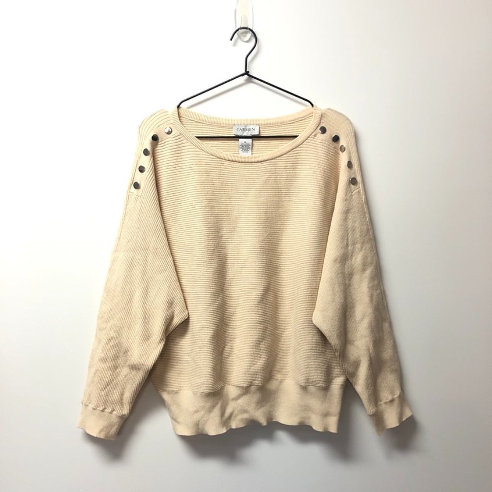 Carmen Marc Valvo Button Shoulder Sweater, Cream, Women's XL